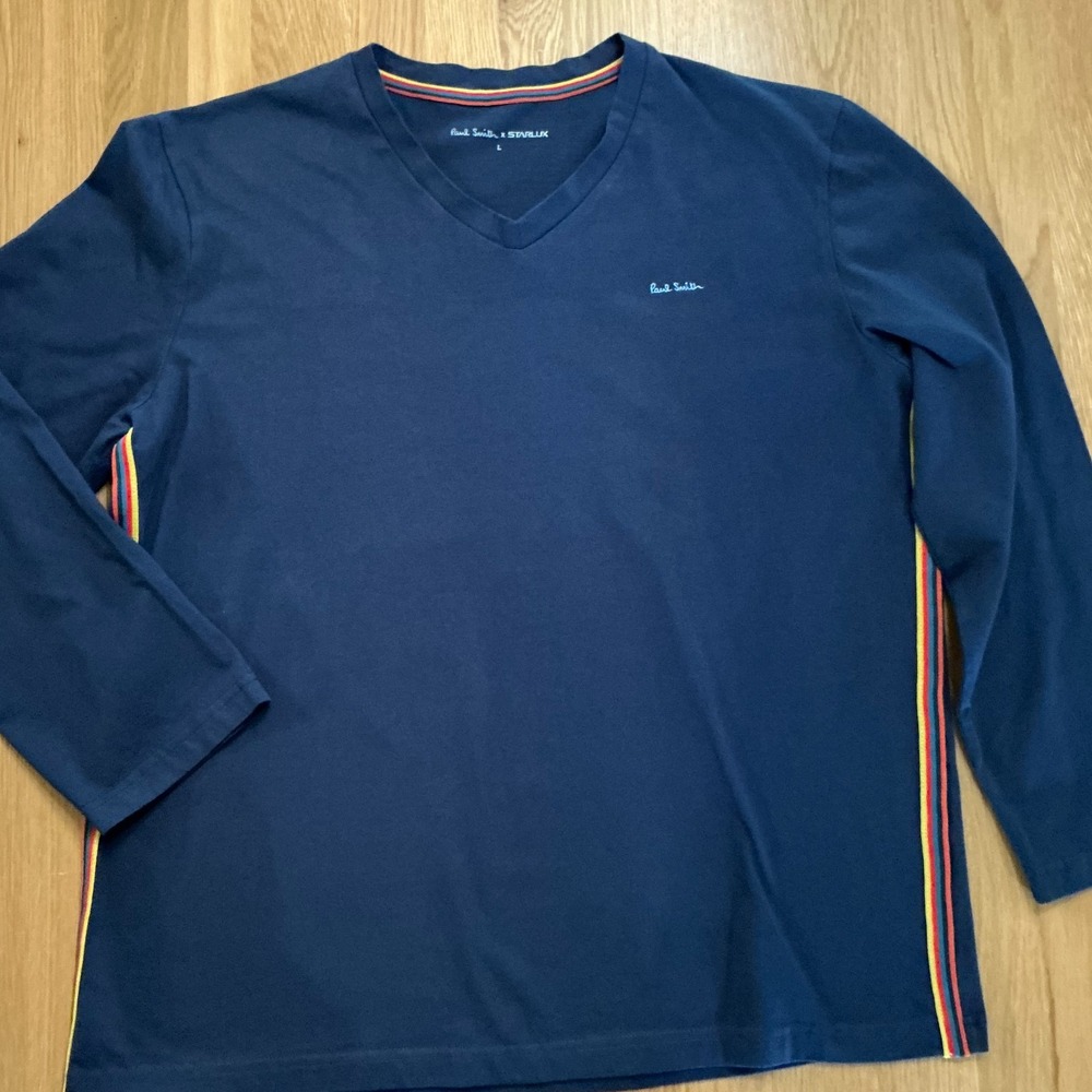 Paul Smith x Starlux Long Sleeve V Neck Shirt Men's L Navy Artist Stripe Cotton